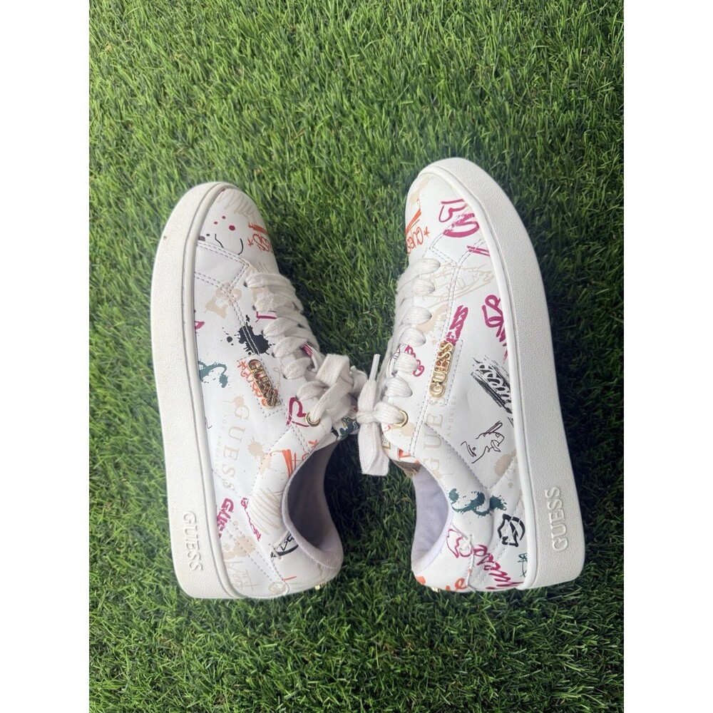 GUESS White Sneakers with Multicolor Graffiti Accents Women Size 6.5